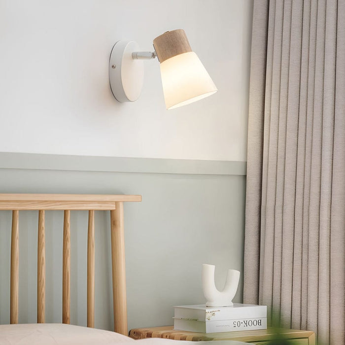 Wood Glass Cone Rotatable Light Wall Sconce. White