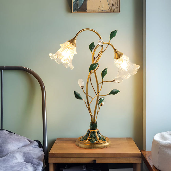 2 Lights Dimmable Glass Flowers Floral Table Lamp with Green Leaves