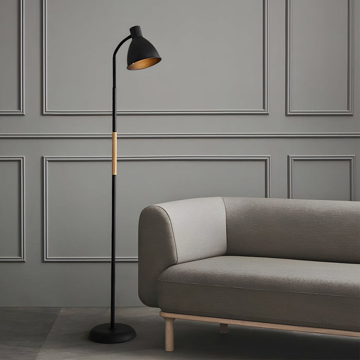 Rustic 59'' Wood & Iron Floor Lamp with Metallic Shade. US Plug