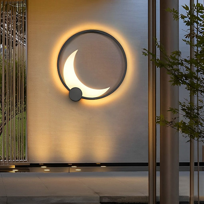 Round Moon Waterproof Black LED Wall Sconce Lighting Outdoor Wall Lamp