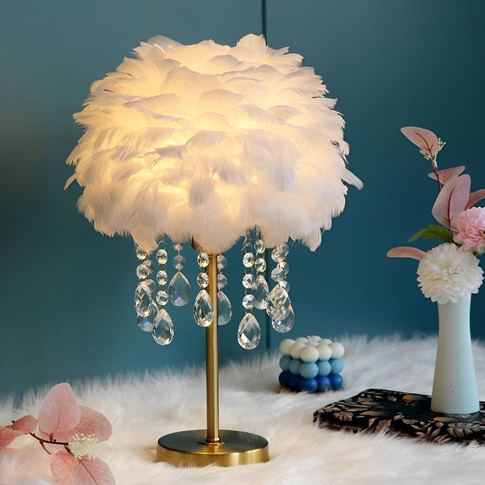 Fluffy Goose Feather Table Lamp With Crystal Tassels Nordic Bedside Lighting