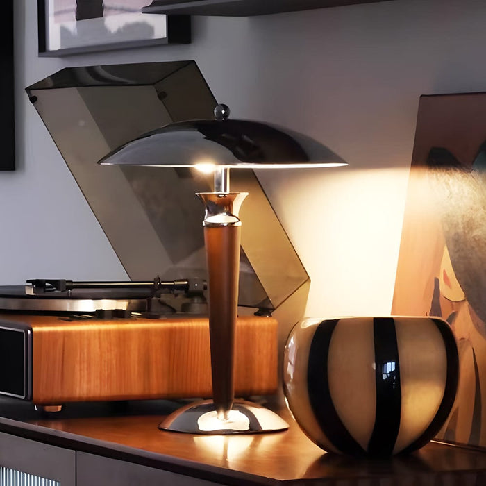 Chrome Iron Vintage Mushroom Paquebot Table Lamp Wooden 3 Step Dimming Bedside Lighting