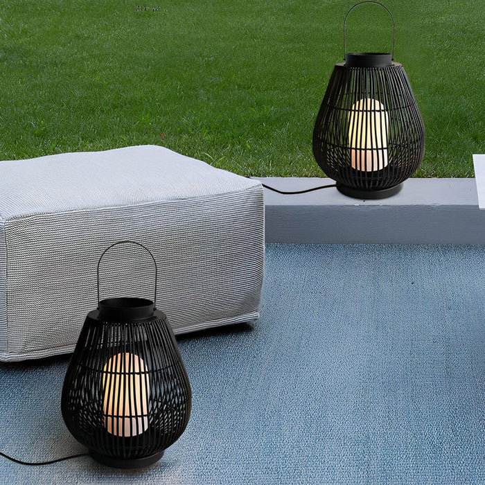 Round Handwoven Waterproof LED Black Modern Rattan Outdoor Lanterns