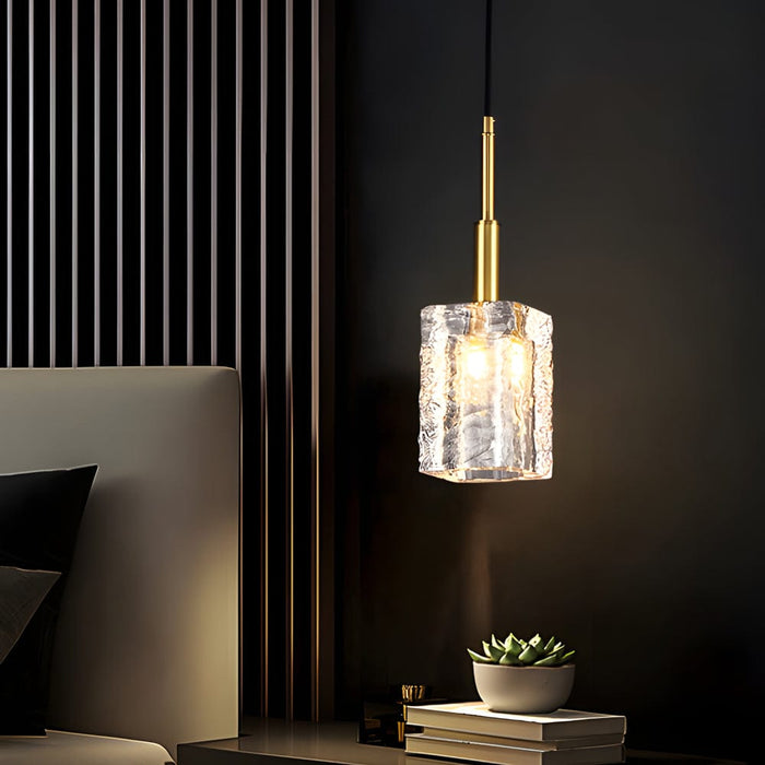 Crystal Cube Brass Pendant Light. 1-Light Copper Rod Kitchen Island Lighting