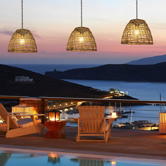 Rattan Iron Waterproof LED Intelligent Solar Lights Outdoor Chandelier