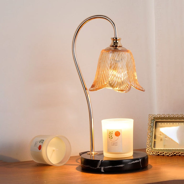 1-Light Glass Shade Candle Warmer Log Marble Table Lamp with Dimmer Switch