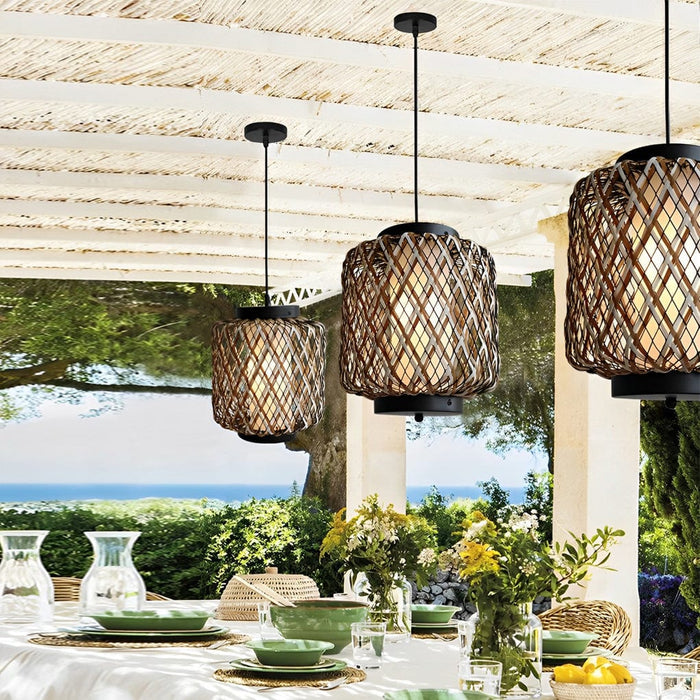 Lantern Shape Rattan Iron Waterproof Modern Outdoor Chandelier Pendant Lights