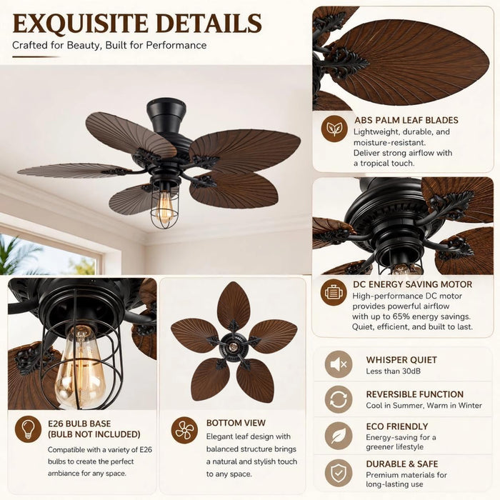 52 in. Outdoor Flush Mount Palm Leaf Ceiling Fans with Lights and Remote