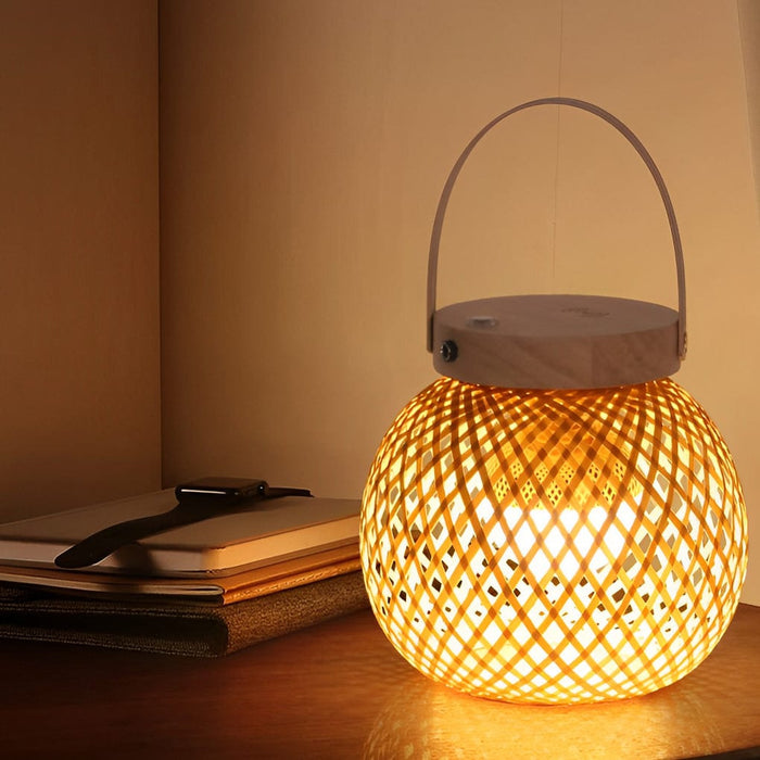Portable Woven Shade Desk Lantern with Handle. Bamboo Table Lamp with Lid