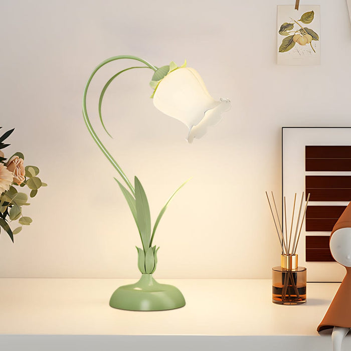 Pastoral Ins White Flowers 3 Step Dimming Green Rustic Style Table Lamp