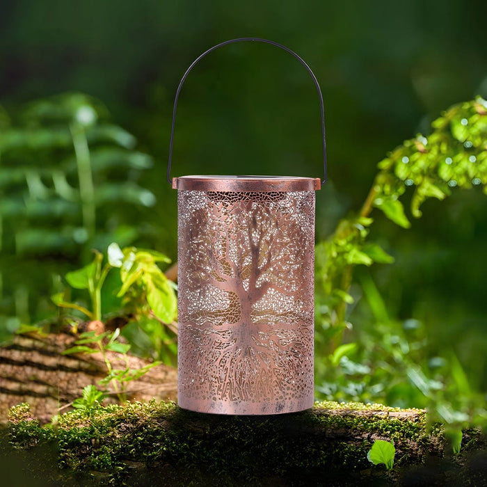 Portable Iron Hollow Tree Projection Waterproof Retro Hanging Solar Lanterns