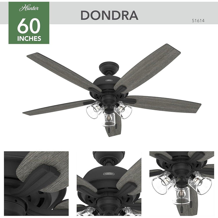 60 in. 5 Blade Ceiling Fan with Light, Matte Black Ceiling Fan, Hunter Ceiling Fan-2-ErisView