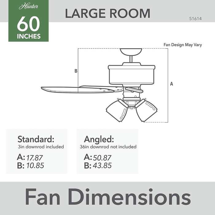60 in. 5 Blade Ceiling Fan with Light, Matte Black Ceiling Fan, Hunter Ceiling Fan-5-ErisView