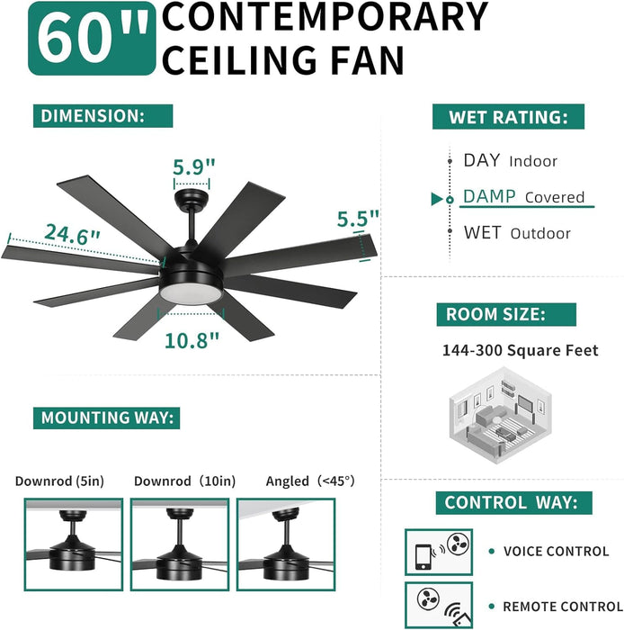 60 in. Black Ceiling Fan with Light and Remote APP Control, Quiet Ceiling Fans with Lights, Modern Smart Ceiling Fan, Compatible with Alexa-4-ErisView