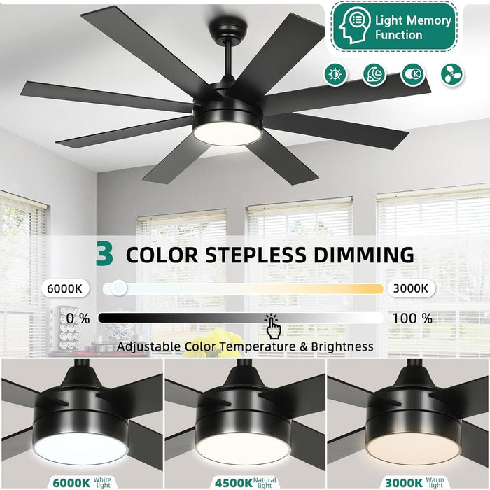 60 in. Black Ceiling Fan with Light and Remote APP Control, Quiet Ceiling Fans with Lights, Modern Smart Ceiling Fan, Compatible with Alexa-6-ErisView