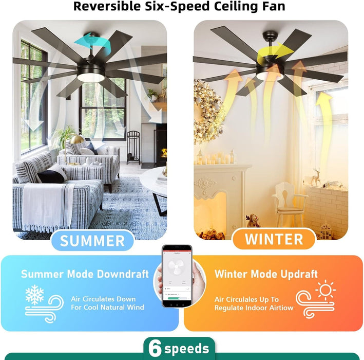 60 in. Black Ceiling Fan with Light and Remote APP Control, Quiet Ceiling Fans with Lights, Modern Smart Ceiling Fan, Compatible with Alexa-7-ErisView