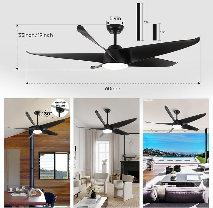 60 in. Black Ceiling Fan with Light and Remote, Modern Large Ceiling Fan for Patio, Farmhouse Reversible Ceiling Fan for Bedroom Living Room Office-5-ErisView