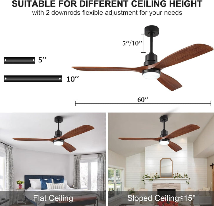60 in. Black Fans with Lights and Remote Control, Modern Smart Industrial Ceiling Fans for Bedroom Living Room, 3 Blade Wood Propeller Ceiling Fan-35-ErisView