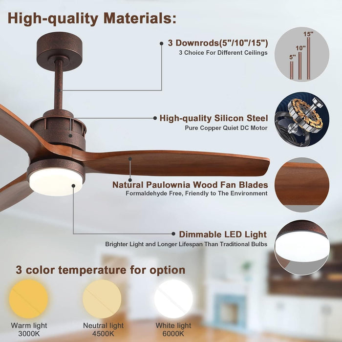 60 in. Black Fans with Lights and Remote Control, Modern Smart Industrial Ceiling Fans for Bedroom Living Room, 3 Blade Wood Propeller Ceiling Fan-3-ErisView