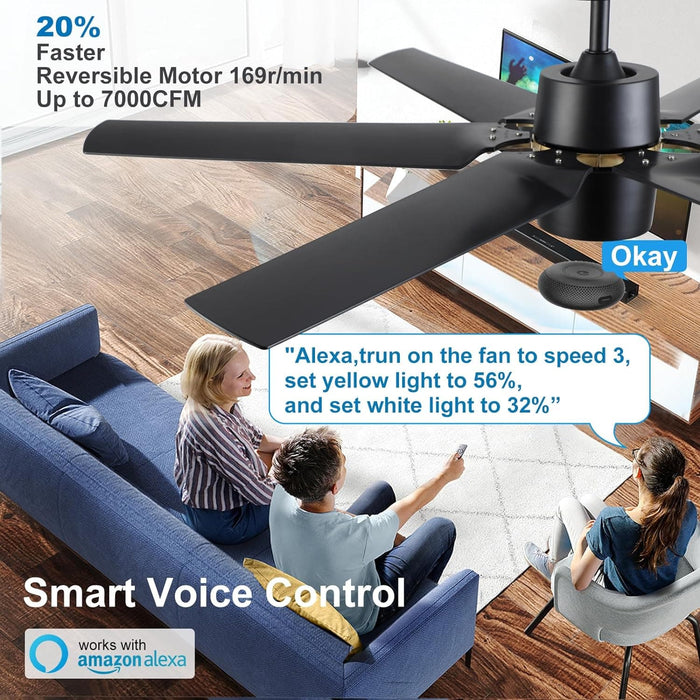 60 in. Black Fans with Lights and Remote, Reversible Modern Smart Ceiling Fan, Compatible with Alexa, Google Home, Smart APP-4-ErisView