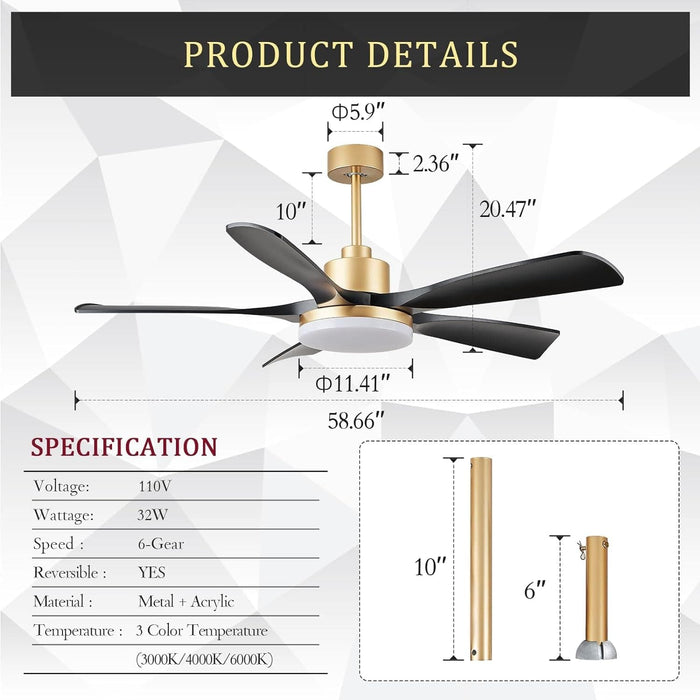 60 in. Black and Gold Modern Ceiling Fan with Remote, Flush Mount Large Ceiling Fan with LED Light for Bedroom Dining Room Living Room-2-ErisView