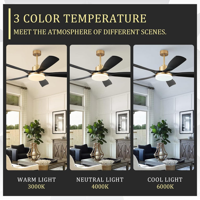 60 in. Black and Gold Modern Ceiling Fan with Remote, Flush Mount Large Ceiling Fan with LED Light for Bedroom Dining Room Living Room-4-ErisView