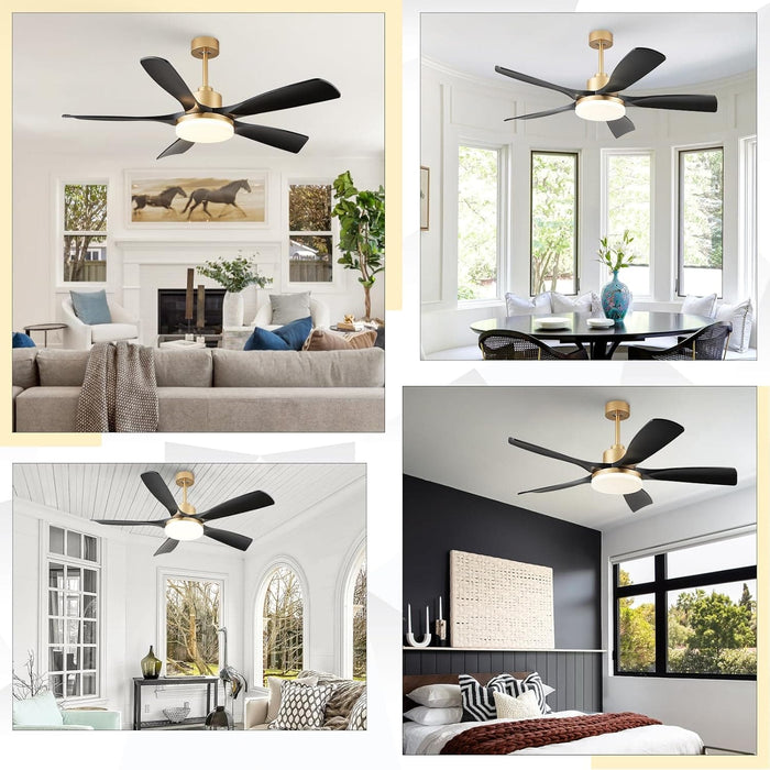 60 in. Black and Gold Modern Ceiling Fan with Remote, Flush Mount Large Ceiling Fan with LED Light for Bedroom Dining Room Living Room-6-ErisView