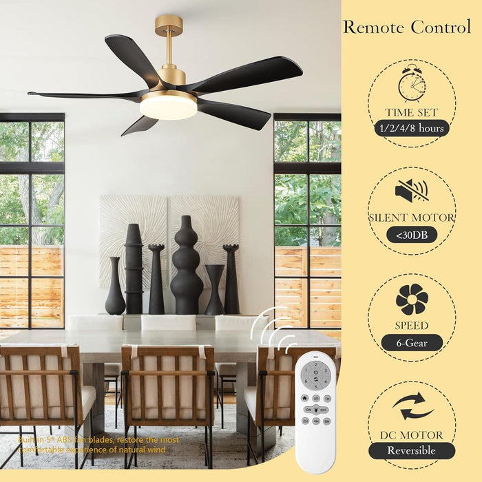 60 in. Black and Gold Modern Ceiling Fan with Remote, Flush Mount Large Ceiling Fan with LED Light for Bedroom Dining Room Living Room-7-ErisView