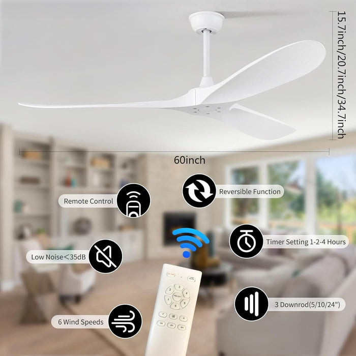 60 in. Ceiling Fan NO Light, Reversible Silent Modern White Ceiling Fan with Remote for Indoor Living Room Fan Bedroom and Outdoor Patio-3-ErisView