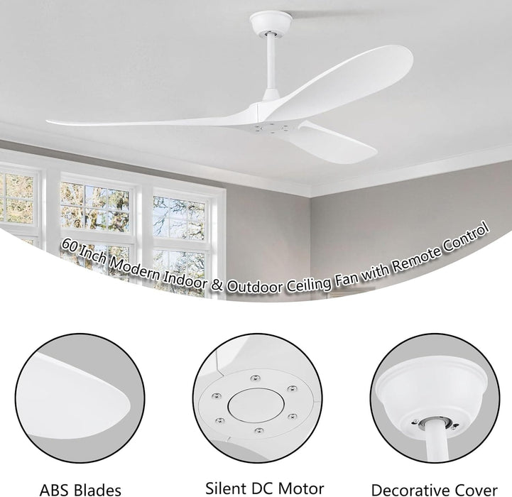 60 in. Ceiling Fan NO Light, Reversible Silent Modern White Ceiling Fan with Remote for Indoor Living Room Fan Bedroom and Outdoor Patio-5-ErisView