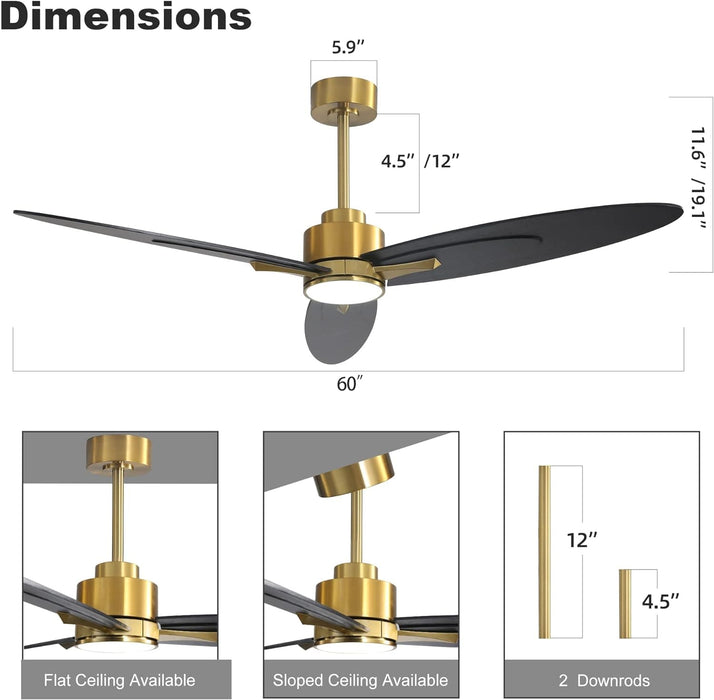 60 in. Ceiling Fan with Light, Unique Ceiling Fans with Remote Control, 3 Solid Wood Blades Ceiling Fan for Living Room Bedroom Kitchen-2-ErisView