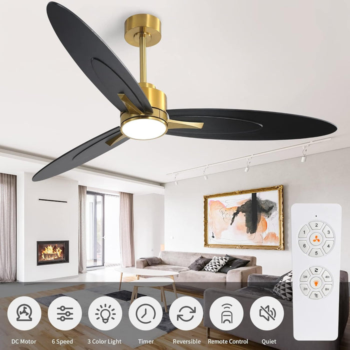 60 in. Ceiling Fan with Light, Unique Ceiling Fans with Remote Control, 3 Solid Wood Blades Ceiling Fan for Living Room Bedroom Kitchen-5-ErisView