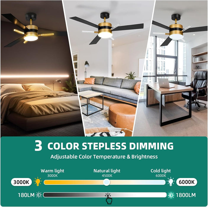 60 in. Ceiling Fan with Light and Remote, Crystal Modern Fan with Light, Chandelier Ceiling Fan, Reversible Quiet Ceiling Fans, Black Gold Ceiling Fan-2-ErisView