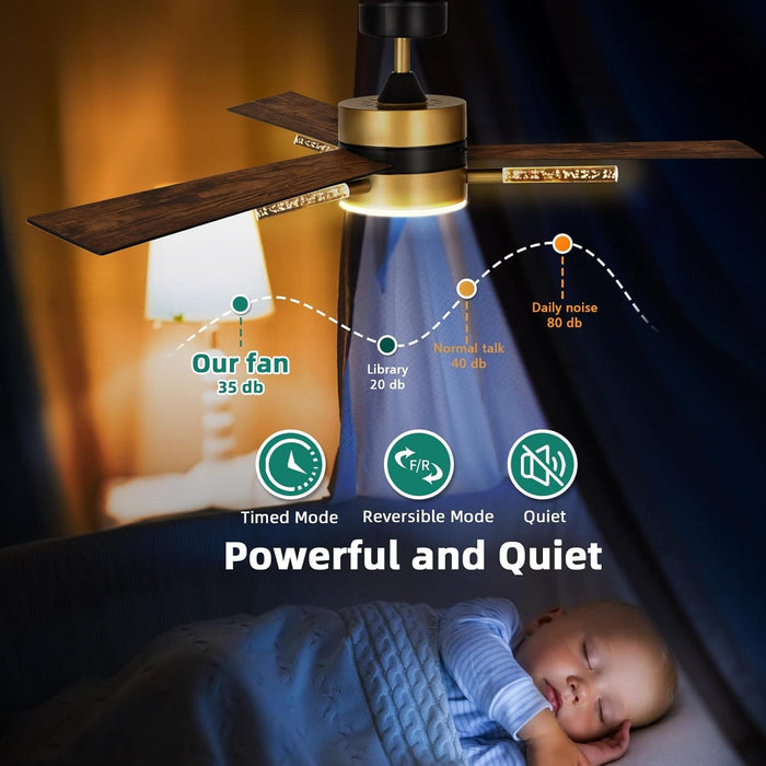 60 in. Ceiling Fan with Light and Remote, Crystal Modern Fan with Light, Chandelier Ceiling Fan, Reversible Quiet Ceiling Fans, Black Gold Ceiling Fan-3-ErisView