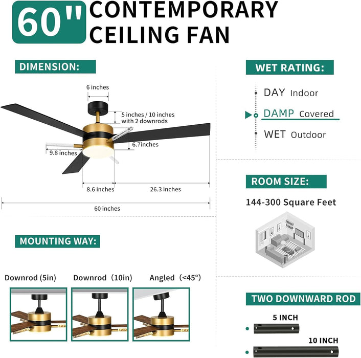 60 in. Ceiling Fan with Light and Remote, Crystal Modern Fan with Light, Chandelier Ceiling Fan, Reversible Quiet Ceiling Fans, Black Gold Ceiling Fan-7-ErisView