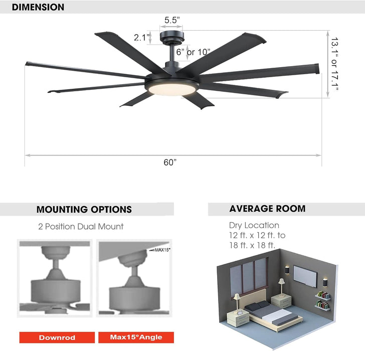 60 in. Ceiling Fan with Light and Remote, Modern Black Ceiling Fan, Dimmable Large Outdoor Fan for Bedroom Living Room Dining Room-4-ErisView