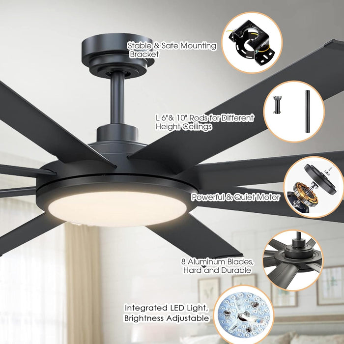 60 in. Ceiling Fan with Light and Remote, Modern Black Ceiling Fan, Dimmable Large Outdoor Fan for Bedroom Living Room Dining Room-5-ErisView