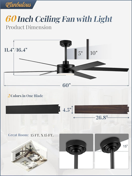 60 in. Ceiling Fan with Lights and Remote, Reversible Black Outdoor Ceiling Fans for Patio-6-ErisView