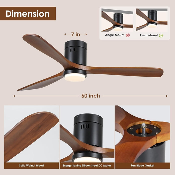 60 in. Ceiling Fans without Lights, Flush Mount Reversible Ceiling Fan NO Light for Indoor Bedroom, Outdoor Backyard Covered Ceiling Fan -25-ErisView