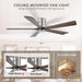 60 in. Ceiling Fans without Lights, Flush Mount Reversible Ceiling Fan NO Light for Indoor Bedroom, Outdoor Backyard Covered Ceiling Fan -51-ErisView
