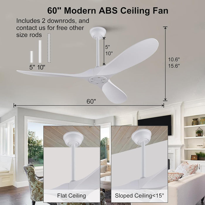 60 in. Ceiling Fans without Lights, White Ceiling Fan with Remote, Quiet Reversible Ceiling Fans for Patio Living Room Bedroom-2-ErisView