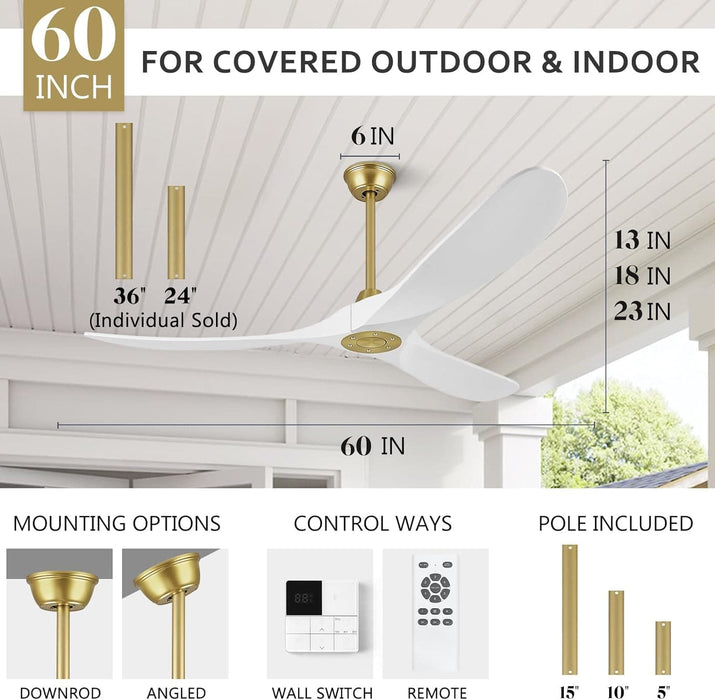 60 in. Ceiling Fans without Lights, Wood Ceiling Fan NO Light with Remote Wall Switch, Indoor Outdoor Fan for Bedroom Living Room Patio Porch-12-ErisView