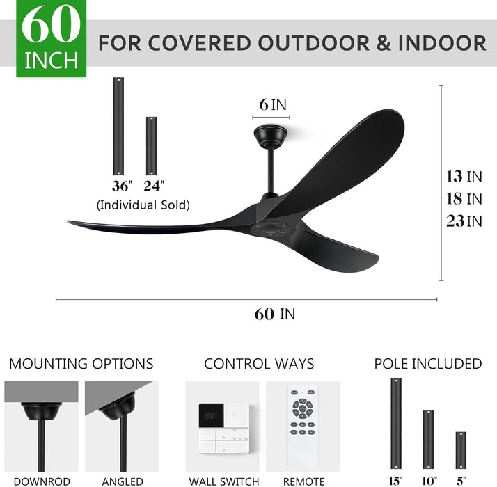60 in. Ceiling Fans without Lights, Wood Ceiling Fan NO Light with Remote Wall Switch, Indoor Outdoor Fan for Bedroom Living Room Patio Porch-25-ErisView