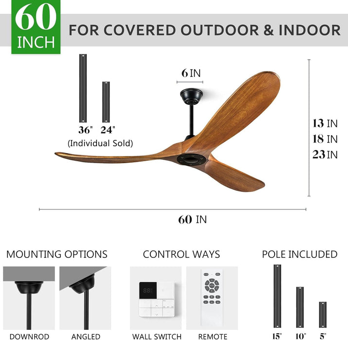 60 in. Ceiling Fans without Lights, Wood Ceiling Fan NO Light with Remote Wall Switch, Indoor Outdoor Fan for Bedroom Living Room Patio Porch-30-ErisView
