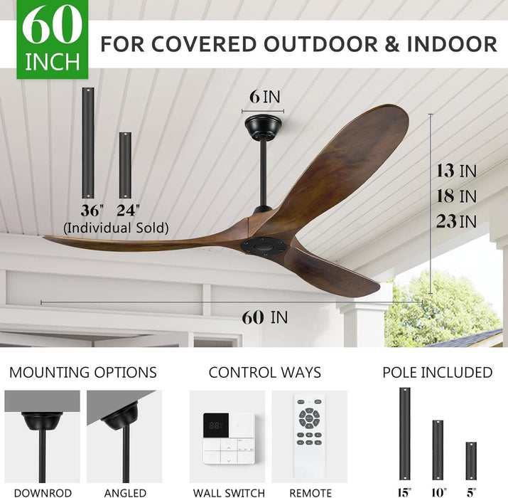 60 in. Ceiling Fans without Lights, Wood Ceiling Fan NO Light with Remote Wall Switch, Indoor Outdoor Fan for Bedroom Living Room Patio Porch-7-ErisView