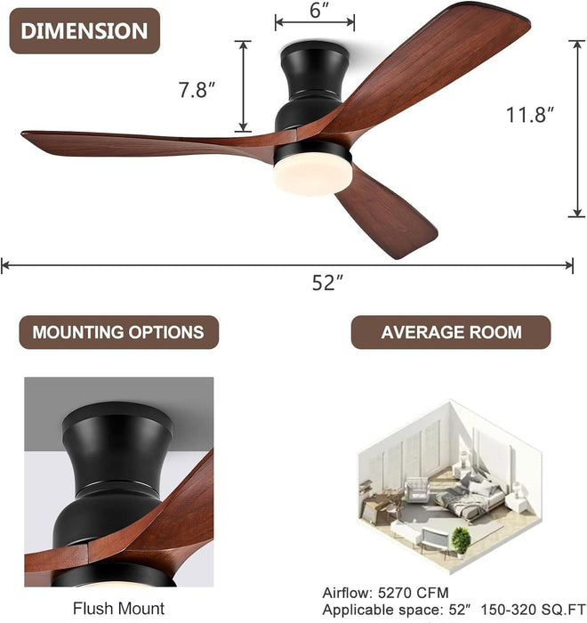 60 in. Dark Walnut Flush Mount Ceiling Fan with Lights and Remote, Low Profile Ceiling Fan for Patios, Hugger Ceiling Fans, Reversible Silent Ceiling Fan -12-ErisView
