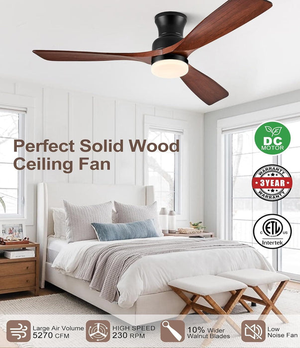 60 in. Dark Walnut Flush Mount Ceiling Fan with Lights and Remote, Low Profile Ceiling Fan for Patios, Hugger Ceiling Fans, Reversible Silent Ceiling Fan -5-ErisView