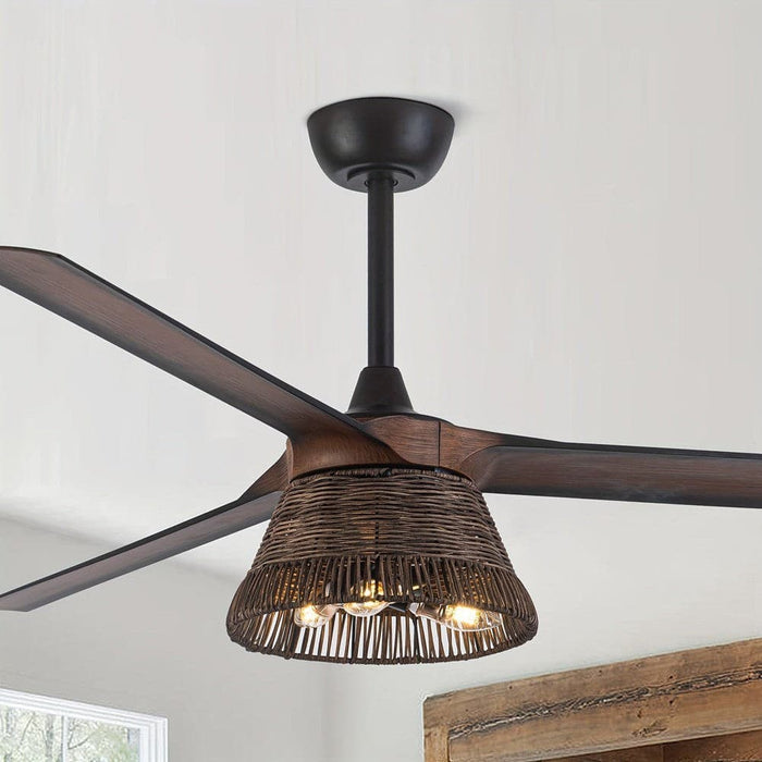 60 in. Farmhouse Downrod Mount Ceiling Fan with Light Kit and Remote Control, Large Reversible Brown Ceiling Fan with Rattan Cage for Living Room-ErisView