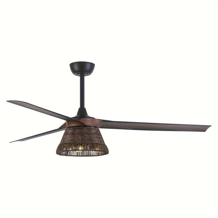 60 in. Farmhouse Downrod Mount Ceiling Fan with Light Kit and Remote Control, Large Reversible Brown Ceiling Fan with Rattan Cage for Living Room-ErisView
