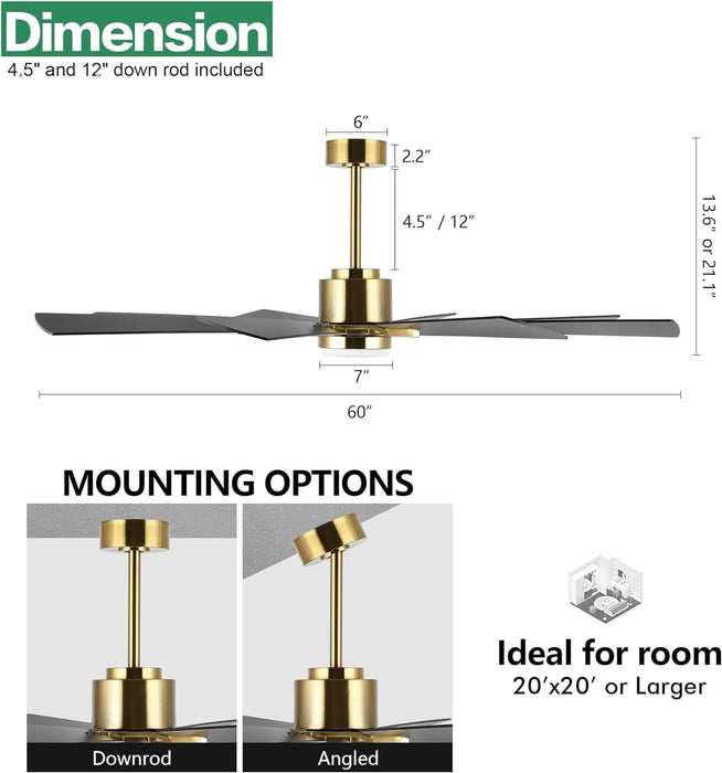 60 in. Gold and Black Ceiling Fan with Lights and Remote, Wood Reversible DC Ceiling Fan, Indoor Modern Ceiling Fan for Kitchen Bedroom Living Room -2-ErisView